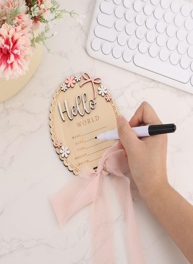 Penitue Baby Announcement Sign with Stand & Marker, Wooden Hello World Baby Birth Name Sign with Light Pink Ribbon for Hospital Newborn Photoshoot Rustic Keepsake Nursery Decor - Image 5